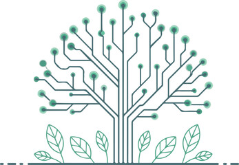 Circuit board tree illustration representing technology ecology and sustainable innovation concepts
