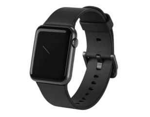wrist smart watch mockup with black strap, png file of isolated cutout object with shadow on transparent background.