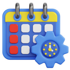 3D Calendar Icon with Blue Gear and Clock Symbol Representing Time Management and Scheduling on Transparent Background