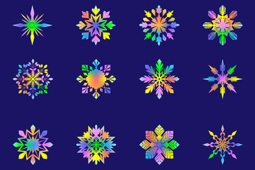 A collection of colorful gradient snowflakes on a dark blue background, perfect for modern Christmas graphics, winter decor, and holiday digital art.
