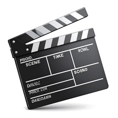 Obraz premium A glossy, isolated image of a classic film clapperboard, open and ready for action. The design features black and white stripes