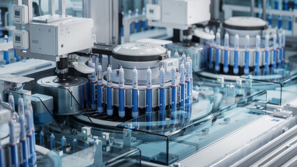 A Medicine Production Plant. Medical Injector on Conveyor Line during Production Process at Modern...