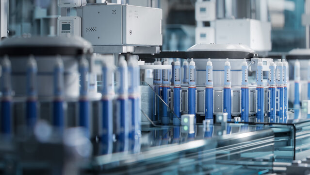 Medical Drug Production Plant. Insulin Injection Pens on Conveyor Line during Production Process at Modern Pharmaceutical Factory. Weight Loss Medication Manufacturing.