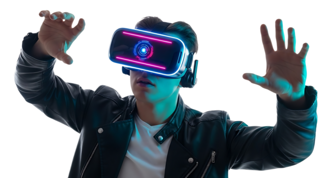 Man wearing vr headset with neon lights isolated on transparent background