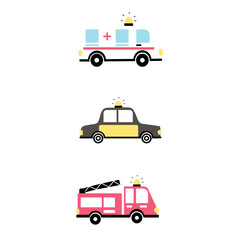 Emergency Vehicles Icon Set - Ambulance, Police Car, and Fire Truck Vector for Sticker or Kids Design
