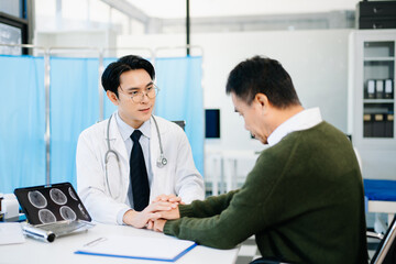 Doctor comforting worried patient in medical office, showing empathy and care. Perfect for healthcare, counseling, and mental health awareness themes.