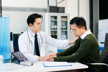 Doctor comforting worried patient in medical office, showing empathy and care. Perfect for healthcare, counseling, and mental health awareness themes.