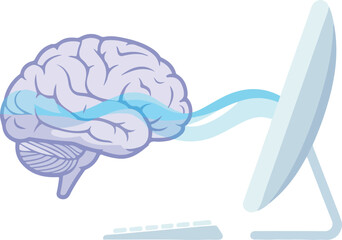Conceptual illustration of brain and computer showing ideas and information flow