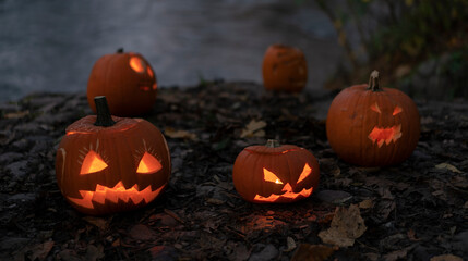 Glowing halloween pumpkins with scary carved faces placed on the ground in the forest. Spooky jack-o'-lanterns illuminated with candlelight, symbolizing halloween night atmosphere.