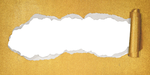 Greeting card, festive abstract texture postcard frame template - Torn paper hole in golden glitter paper with curled rolled edges, isolated on empty transparent background png