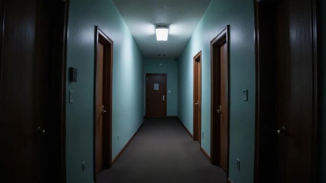 Flickering lights inside haunted hallway with wooden doors and green walls  