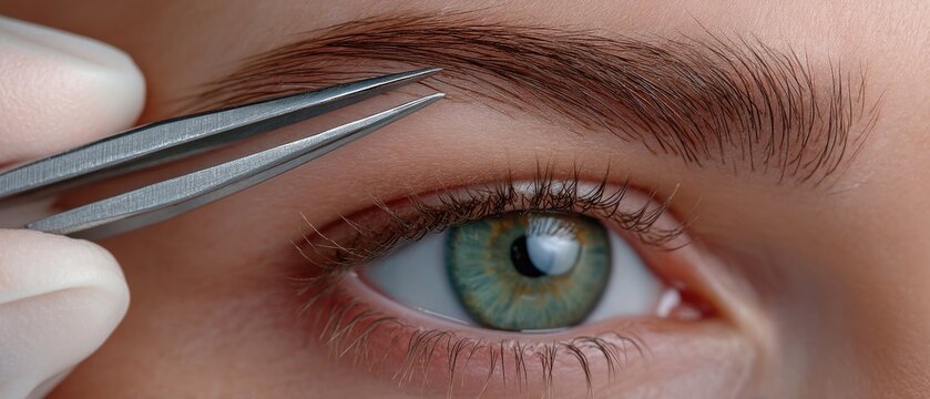 Close-up view of a person's eyebrow being shaped with tweezers while focusing on the bright green eye in a well-lit setting