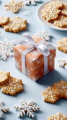 Fototapeta premium Winter-themed treats set on a light blue background with a decorated gift box and snowflake cookies ready for the festive season