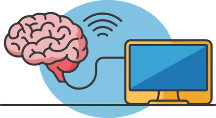 Conceptual illustration of the human brain connected to a computer for information processing and data transfer.
