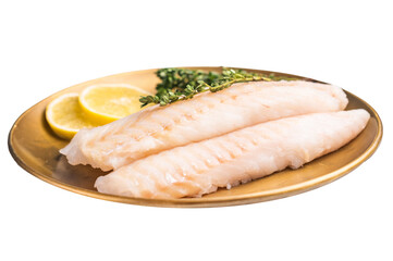 Raw cod loin pieces, whitefish fillets without skin on plate with herbs isolated on white background