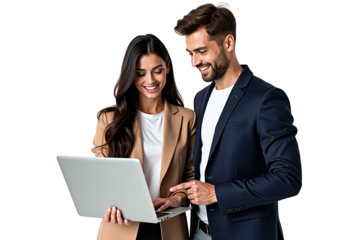 Happy business professionals, a man and woman, working together on a laptop. Teamwork concept on transparent background
