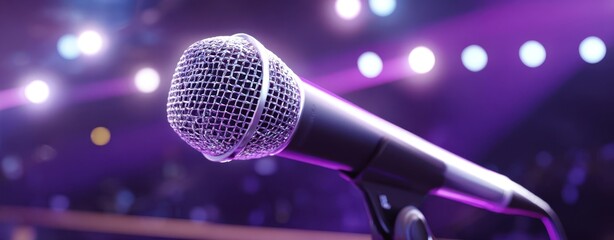 The Microphone on Stage with Purple Spotlights and Blurred Concert Lights