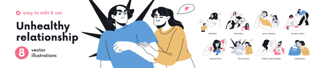 Unhealthy relationship, couple problems concept set. Toxic behavior, boundary trouble, manipulation, codependency, misunderstanding, bad partner. Flat vector illustration isolated on white background