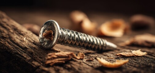The Screw Lying on Weathered Wood with Shavings and Warm Bokeh Background