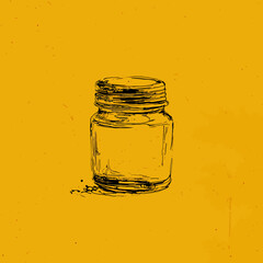 Sketch of a glass jar with threaded top, set on a textured yellow background