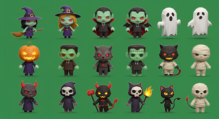 A charming collection of 3D rendered chibi Halloween characters including witches, vampires, ghosts, and mummies, perfect for festive holiday designs.