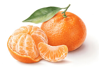 Fresh Whole and Peeled Tangerine with Segments and Leaf &ndash; Juicy Citrus Fruit
