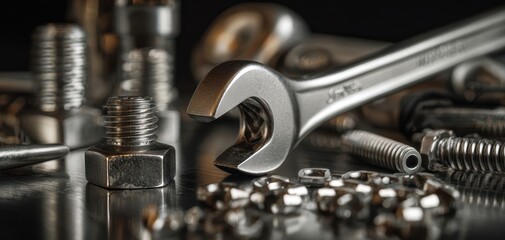 The wrench among nuts and bolts on a reflective metal workbench surface