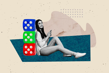 Full 3d art pop trend collage of happy girl hold phone play casino game online dice stack poker...