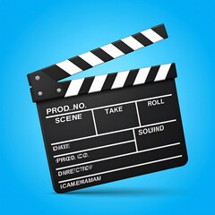 Obraz premium A glossy, stylized illustration shows a movie clapperboard against a bright blue gradient background. The object is black and white