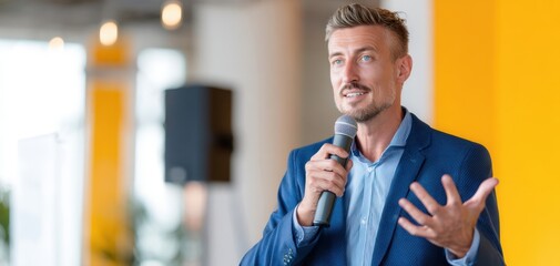 The speaker delivers an engaging corporate presentation to an attentive modern business audience