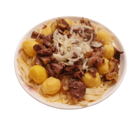kazakh national dish pork meat with onion and potatoes 