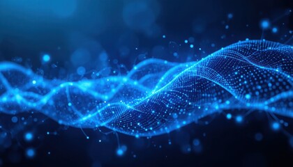 Digital Abstract Wave: An intricate network of luminous, interconnected dots flows gracefully in a radiant dance of innovation and technological advancement. An immersive digital panorama of progress.
