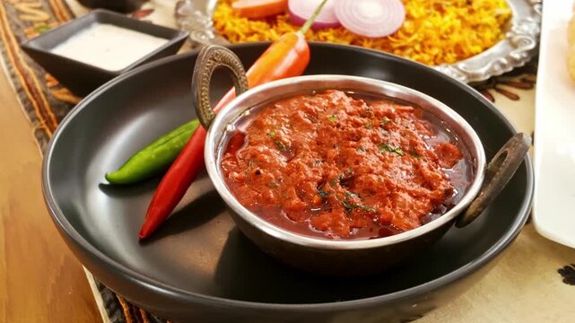 Spicy Indian curry in a metal bowl with red and green chilies, served beside saffron rice and raita on a rustic table.