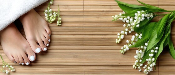 Naklejka premium Relaxing spa experience with fresh flowers and feet on bamboo mat