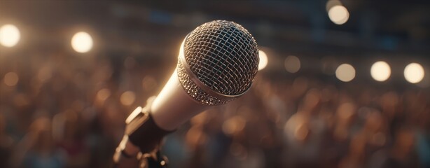 The microphone in sharp focus on stage with blurred audience and glowing spotlights