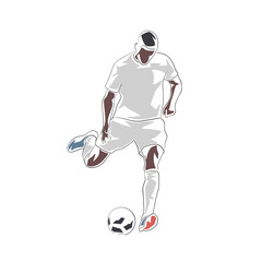 Soccer player kicking ball, football clip art. Isolated vector line art illustration