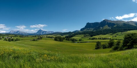 Fototapeta premium Breathtaking panoramic view of lush green mountains hdr nature landscape