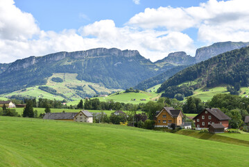 Alpine Mountain Landscape with Traditional Homes in Appenzellerland Region, Switzerland