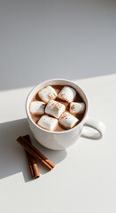 still life of hot chocolate with marshmallows on white surface, styled minimally with warm tones for cozy Thanksgiving visuals.