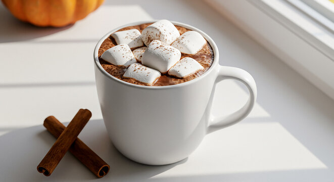 Flat lay still life of hot chocolate with marshmallows on white surface