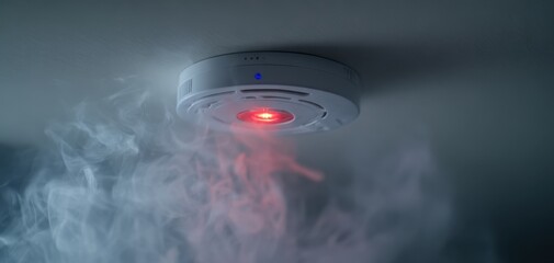 The smoke detector glowing red warning light above swirling smoke in dramatic scene