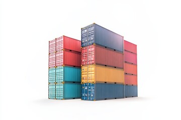 Obraz premium Brightly colored shipping containers stacked in an abstract arrangement on a white backdrop