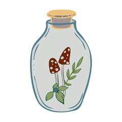 vector illustration of a glass jar with red mushrooms and green leaves