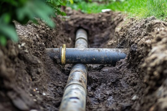 Buried water pipe installation in a residential area showcasing minimalistic techniques
