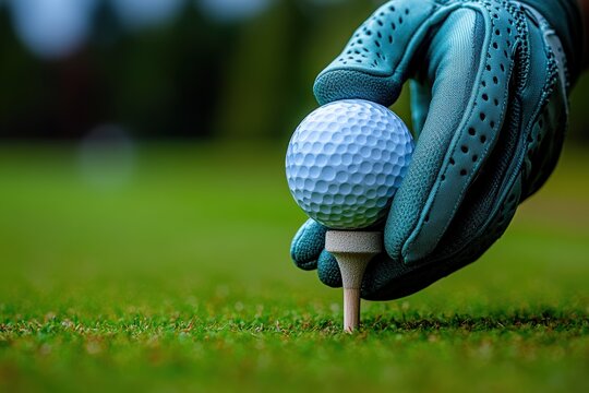 Gloved hand placing golf ball on tee in a lush green field during sunny weather
