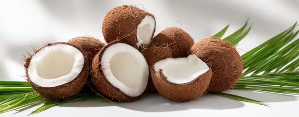 The Coconuts Arranged on Palm Leaves with Bright White Flesh and Texture