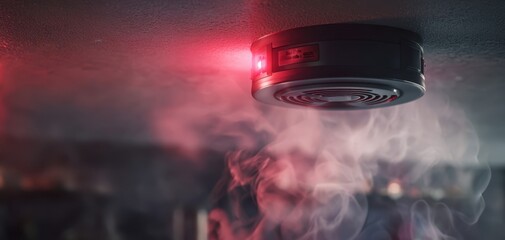 The smoke detector glowing red as smoke fills a ceiling in dramatic closeup