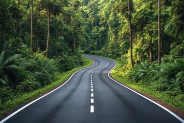 Fototapeta premium Scenic highway winding through lush green forest landscapes in perfect daylight