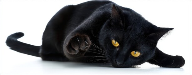 The Black Cat Prowling Playfully on White Background with Intense Yellow Eyes