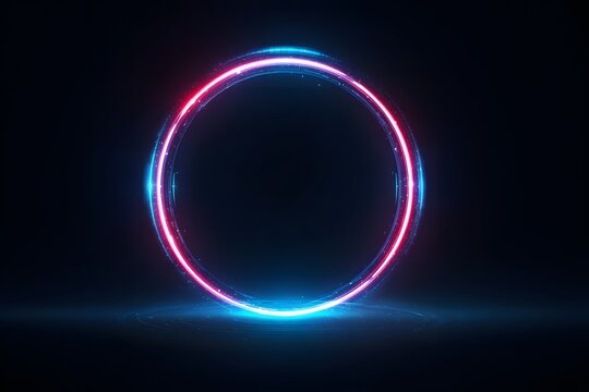 Vibrant glowing neon oval ring emitting electric blue and magenta light against a dark abstract background with subtle lens flares